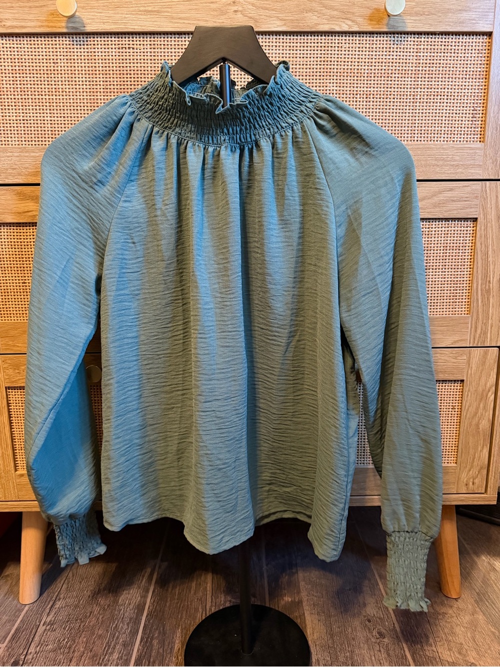 Nine West Sage Green Smocked Neck Long Sleeve Blouse